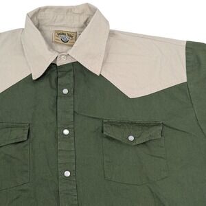 Moda Tech Men's L Western Snap Front Short Sleeve Shirt Green Tan Cowboy Rodeo
